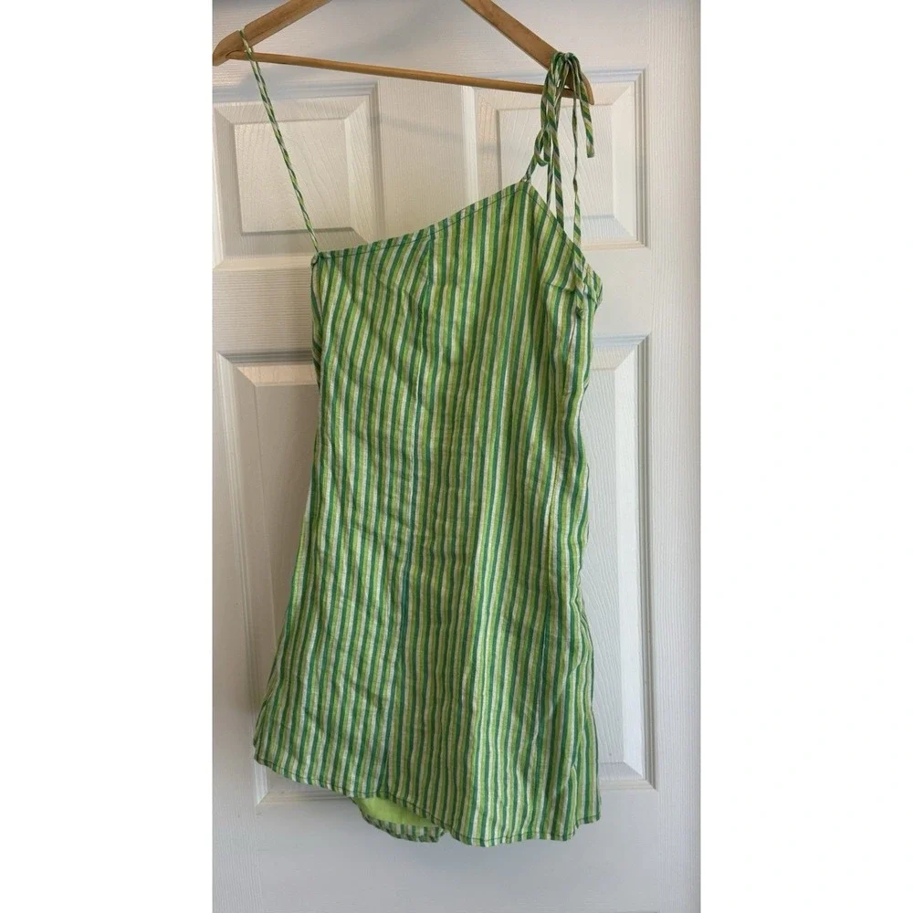 Faithfull The Brand Muthia Mini Dress Womens 8 Green Bau-Bau Stripe Tie Shoulder